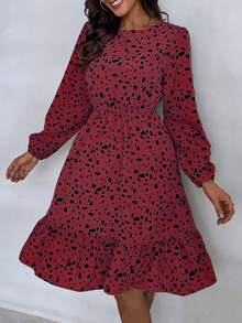 SHEIN Clasi 斑點印花燈籠袖荷葉邊洋裝不附腰帶 - 棕色 - 查看 3