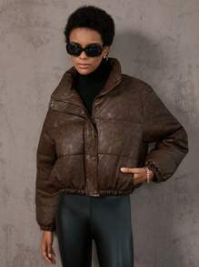 Aveloria Abrigo acolchado con cuello alto vintage, ropa de invierno de moda - Café integral - Ver 7