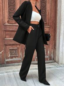 EURMUSE Bộ vest thanh lịch cho nữ, áo blazer tay dài cổ ve màu trơn và quần dài - màu đen - Xem 3