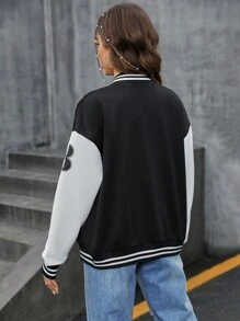 SHEIN Unity Đồ họa Chữ cái Thả vai Hai âm Áo khoác Đại học - Đen và trắng - Xem 2