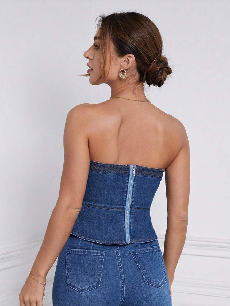 Women's Solid Color Minimalist Casual Tube Top Denim Blouse Summer Blue