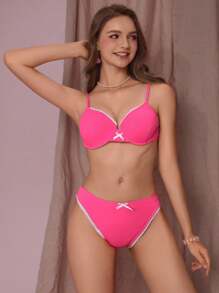 SHEIN Swim 对比色绑带钢圈比基尼套装 夏季 - 玫紅色 - 查看 5