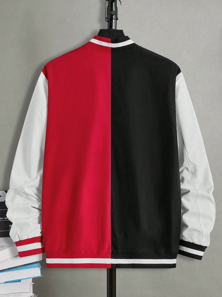 Oversized Men Colorblock Striped Trim Varsity Jacket With Letter Graphic, Without Hoodie, For Fall Winter