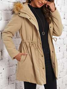 EMERY ROSE Eo dây rút Trang trí Fuzzy áo có mũ Áo khoác Parka - Màu Khaki - Xem 4
