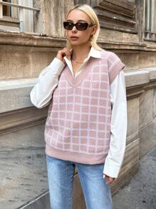 EURMUSE Hoa văn kẻ sọc Áo len vest Không có áo lót - Hồng - Xem 1