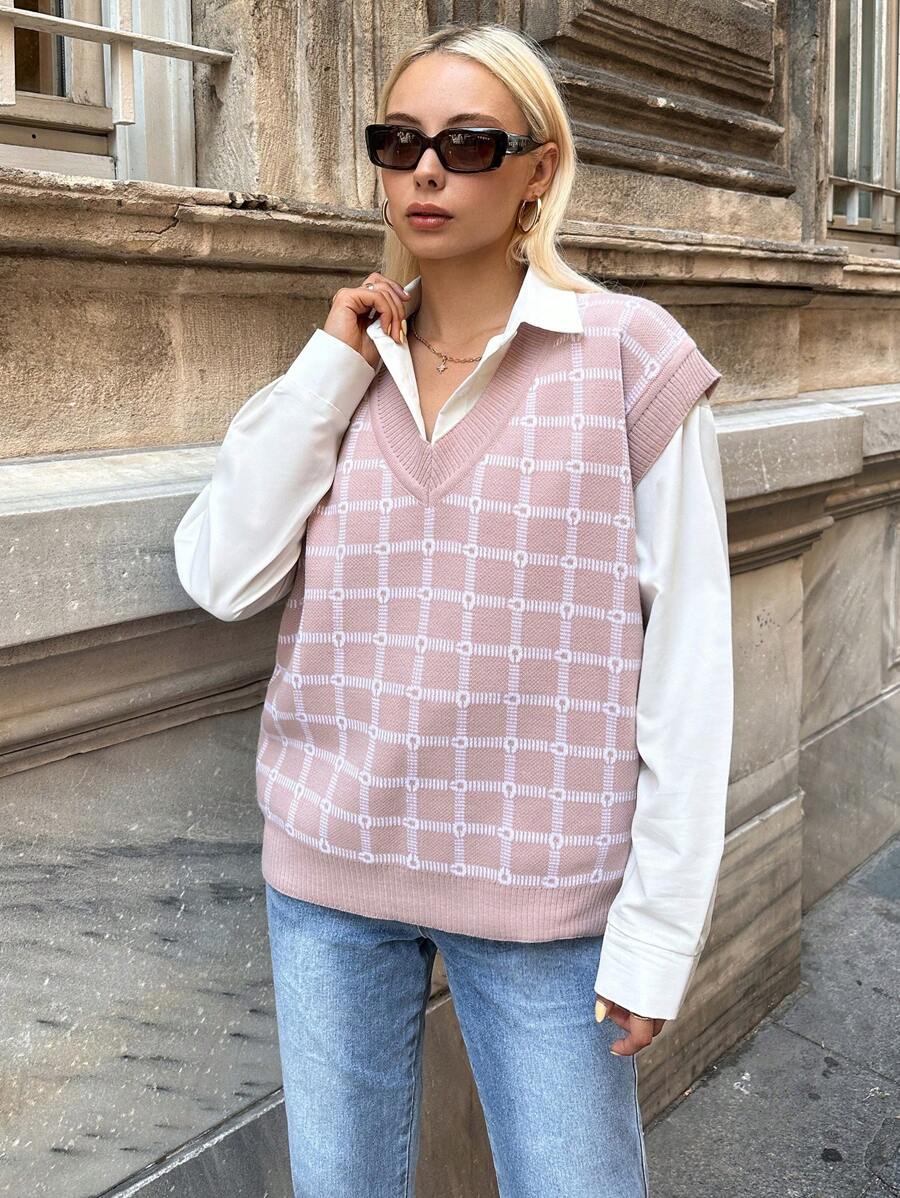 EURMUSE Hoa văn kẻ sọc Áo len vest Không có áo lót - Hồng - Xem 1