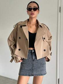 DAZY Women's Casual Short Trench Coat, Spring/Autumn Jacket - Khaki - View 5