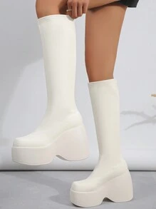 女式高跟厚底靴，襪套設計，純色 - 米色 - 查看 2