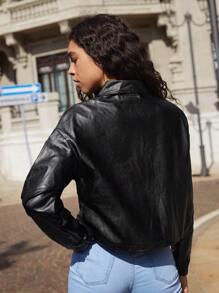 DAZY Drop Shoulder Flap Pocket PU Jacket Winter - Black - View 6