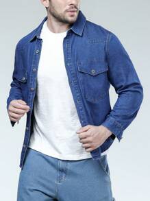 Manfinity Homme Men Plus Flap Pocket Denim Shirt - Medium Wash - View 7