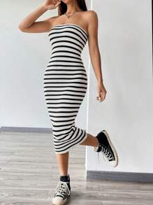 Flirla Váy len ống họa tiết sọc - Đen và trắng - Xem 7