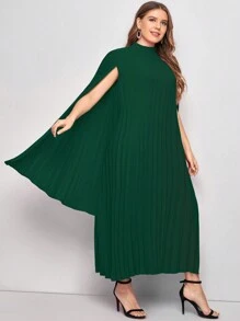 SHEIN Belle Plus Solid Pleated Cape Sleeve Cocktail Dress - Dark Green - View 4