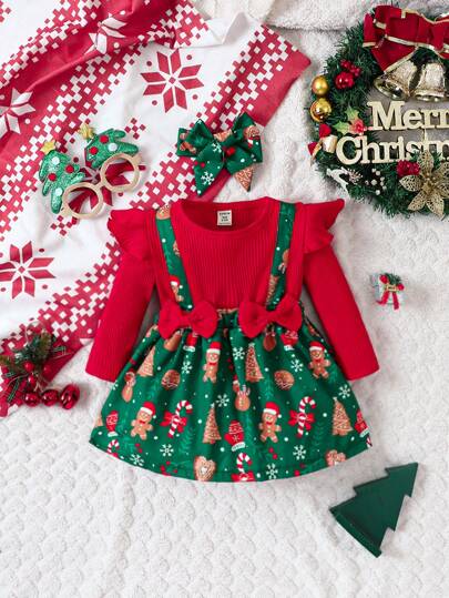 SHEIN 女嬰聖誕圖案荷葉邊前蝴蝶結假兩件洋裝和頭巾