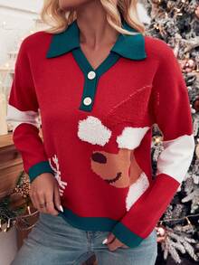 SHEIN Essnce 聖誕圖案撞色飾邊落肩 Polo 領毛衣 - 紅色 - 查看 6