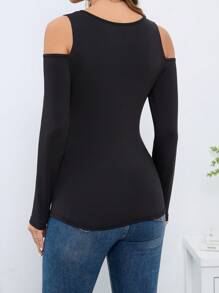 INAWLY Solid Cold Shoulder Slim Fit Tee Fall Cloth For Women - Black - View 2