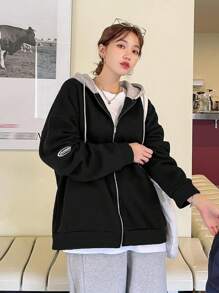 DAZY 女式撞色连帽羊毛衫拉链外套 秋冬款 - 黑色 - 查看 3