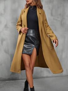SHEIN LUNE Lapel Neck Pocket Patched Belted Overcoat - Khaki - View 6