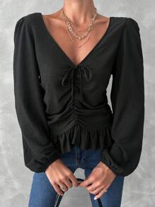 RueChic Drawstring Front Lantern Sleeve Ruffle Hem Blouse - Black - View 3