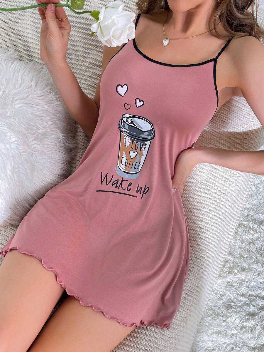 字母与心形印花生菜边饰撞色绑带吊带睡衣睡裙