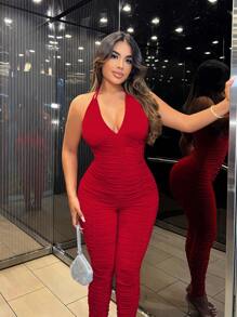 SHEIN SXY 性感纯色露背挂脖连体裤 - 紅色 - 查看 4