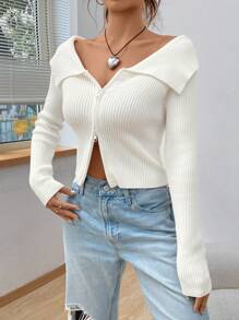 SHEIN EZwear 翻领罗纹针织开衫，女士春秋休闲罗纹针织常规袖领修身白色粘胶纯色女士开衫，休闲日常穿着，长袖上衣 - 白色 - 查看 6