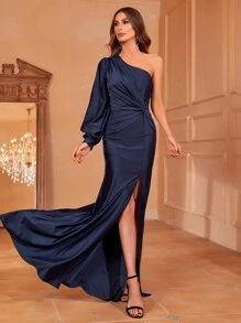 Faeriesty Luxury Asymmetric Shoulder Evening Gown With Dramatic Lantern Sleeve & Thigh-High Slit – Elegant Floor-Length Formal Dress Featuring Side Waist Twist, Flowing Silhouette For Galas, Red Carpet Events, Black-Tie Weddings, Award Ceremonies & Upscale Charity Galas | Structured Design, Timeless Elegance, Tailored Occasion Wear - Navy Blue - View 4