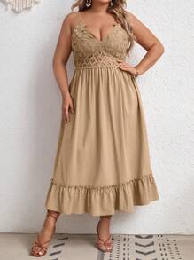 SHEIN VCAY Plus Guipure Lace Insert Ruffle Hem Cami Dress - Khaki - View 1