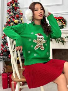 SHEIN Unity Jersey con patrón de Navidad con lentejuelas - Verde - Ver 3