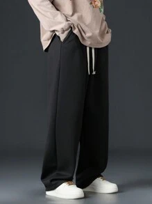Pantalones rectos de ajuste holgado informal con bordado de oso para hombres - Negro - Ver 3