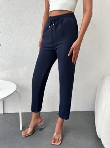 腰部抽繩斜口袋九分長褲 - 藏蓝色 - 查看 5