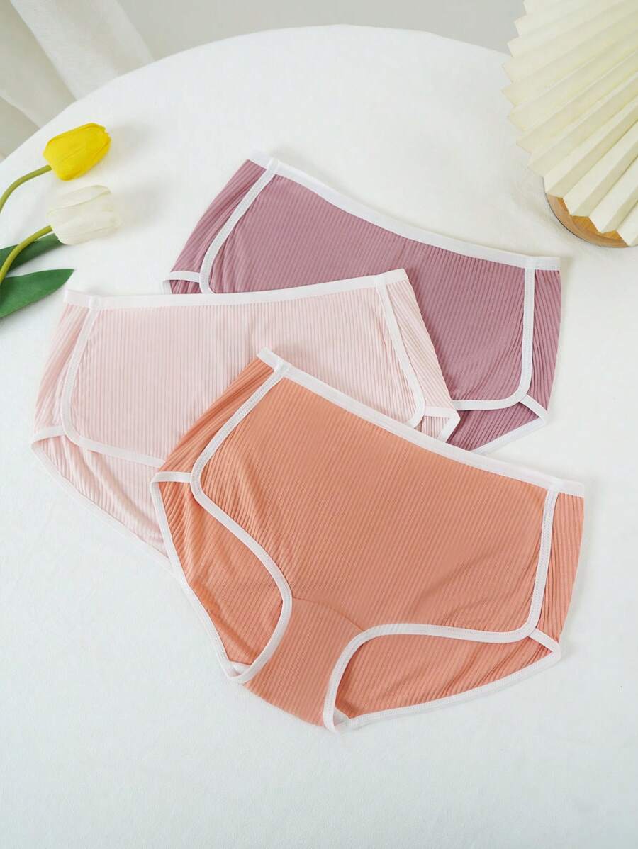 3pcs Contrast Binding Ribbed Knit Boyshorts - Multicolor - View 1