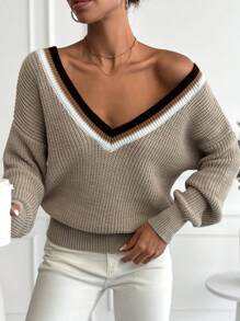 EURMUSE 條紋飾邊落肩袖套頭毛衣 - 彩色 - 查看 1