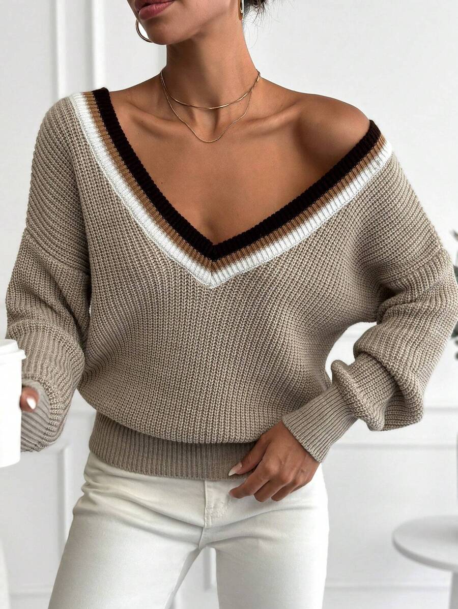 EURMUSE 條紋飾邊落肩袖套頭毛衣 - 彩色 - 查看 1