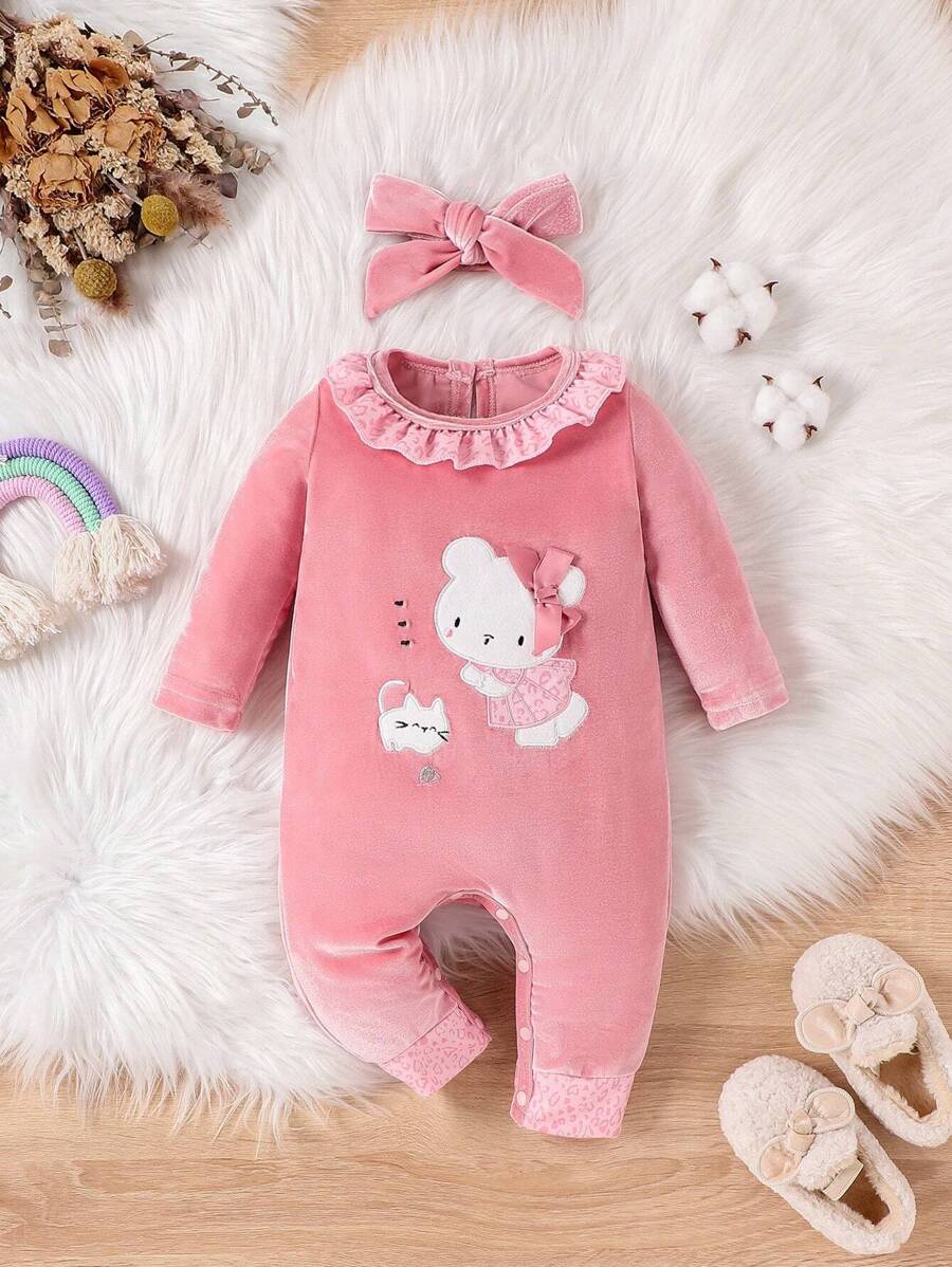 Baby Girl Cartoon Embroidery Ruffle Trim Jumpsuit & Headband - Pink - View 1