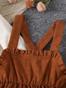 SHEIN 女小童花卉刺繡誇大領口喇叭袖襯衫和褶邊洋裝 - 棕色 - 查看 7