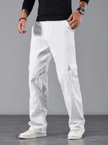 Manfinity Homme Loose Fit Men's Jeans With Flap Side Cargo Pockets, Men White Cargo Pants, Men Straight Leg Cargo Pants, Men Casual Cargo Pants - Beige - View 7