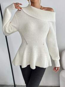 SHEIN Privé Cổ không đối xứng Lưới Thả vai Xoay eo Áo len - trắng - Xem 4