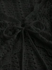 SHEIN MOD 前抽繩喇叭袖網眼針織短款毛衣 - 黑色 - 查看 4