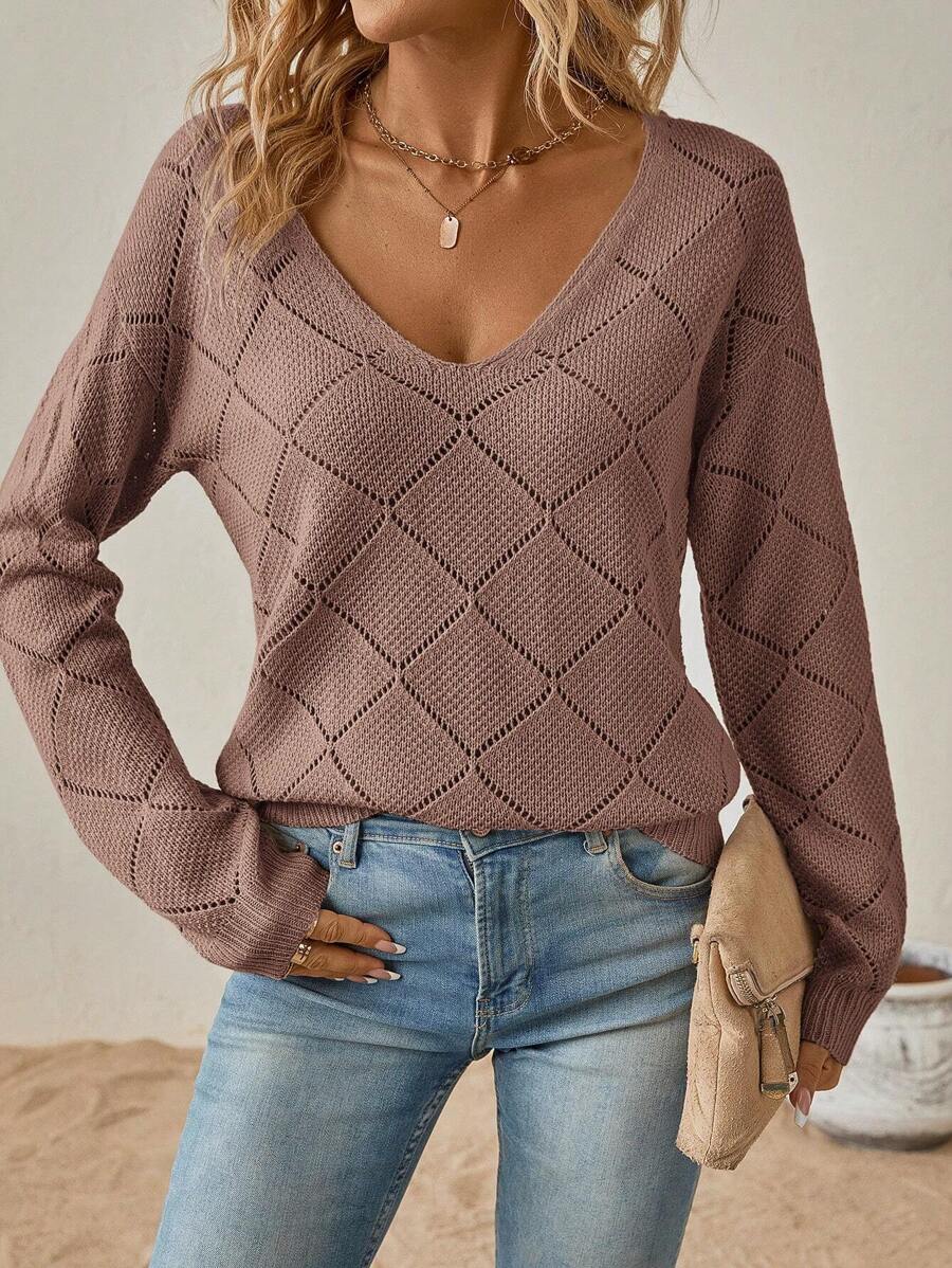 SHEIN Clasi Solid Pointelle Knit V Neck Sweater,Long Sleeve Tops In Fall/Winter - Dusty Pink - View 1