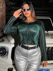 SHEIN Coolane 大碼滿版印花木耳邊T恤 - 黑色 - 查看 3