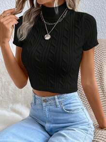 SHEIN Essnce Mock Neck Cable Knit Top - Black - View 3