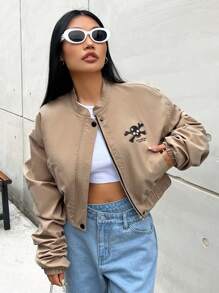 Muchica Skull And Slogan Graphic Crop Padded Coat - Khaki - View 1