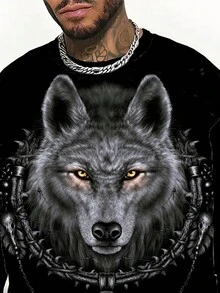 Men Plus Wolf Print Sweatshirt - Black - View 3