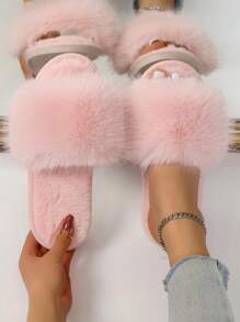 Women's Casual Minimalist Fluffy Slippers, Slip-On Design With Non-Slip Soft Sole, Comfortable And Warm For Bedroom, New Autumn/Winter Style,Furry Shoes - Pink - View 1