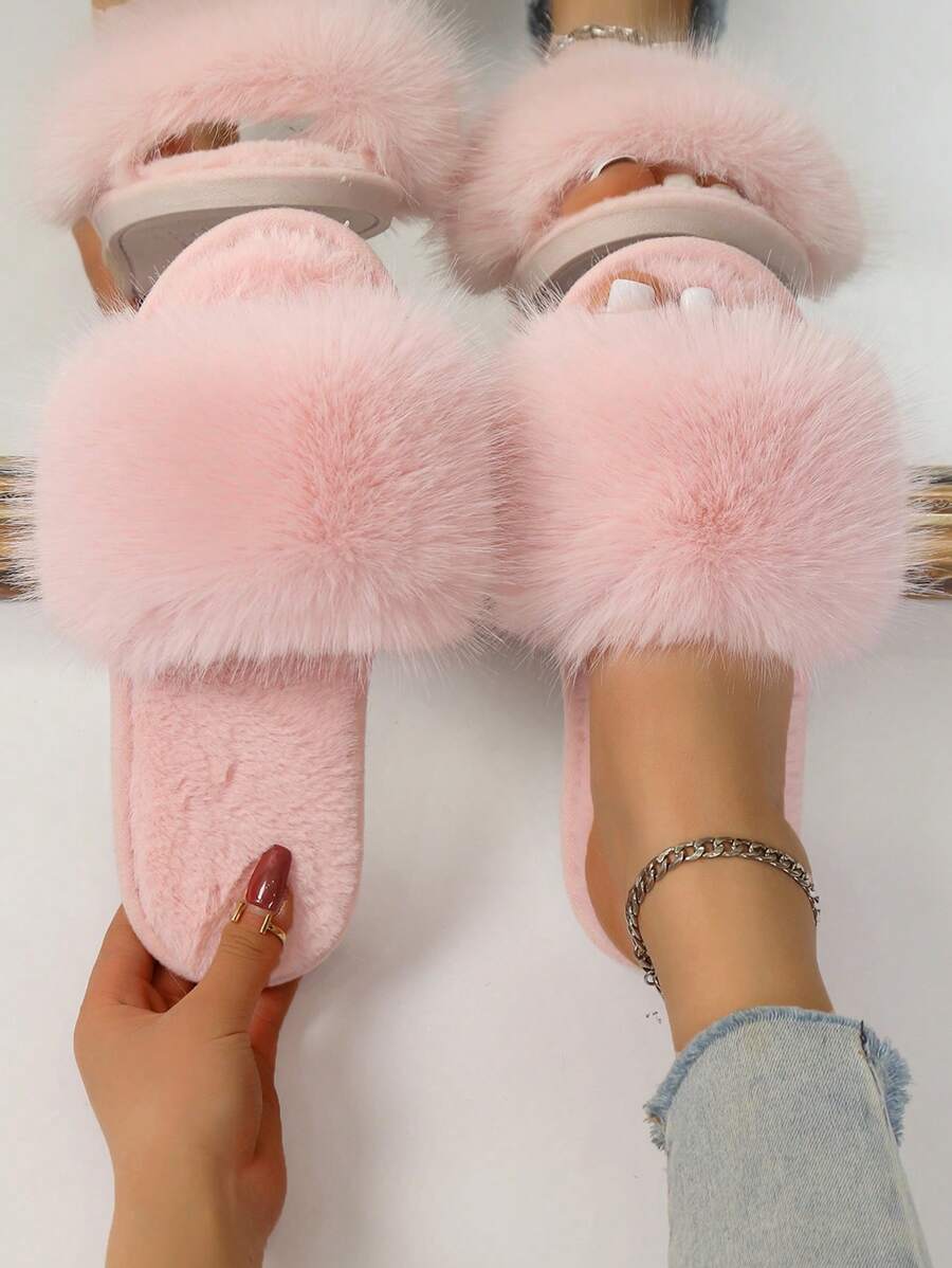 Women's Casual Minimalist Fluffy Slippers, Slip-On Design With Non-Slip Soft Sole, Comfortable And Warm For Bedroom, New Autumn/Winter Style,Furry Shoes - Pink - View 1