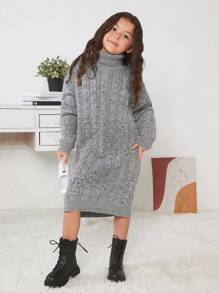 Tween Girl Turtleneck Cable Knit Drop Shoulder Sweater Dress - Grey - View 5