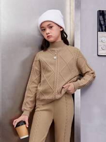 SHEIN Tween Girl Mock Neck Drop Shoulder Sweater - Khaki - View 6