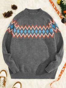 Manfinity VCAY 男士幾何圖案插肩袖套頭毛衣 - 灰色 - 查看 1