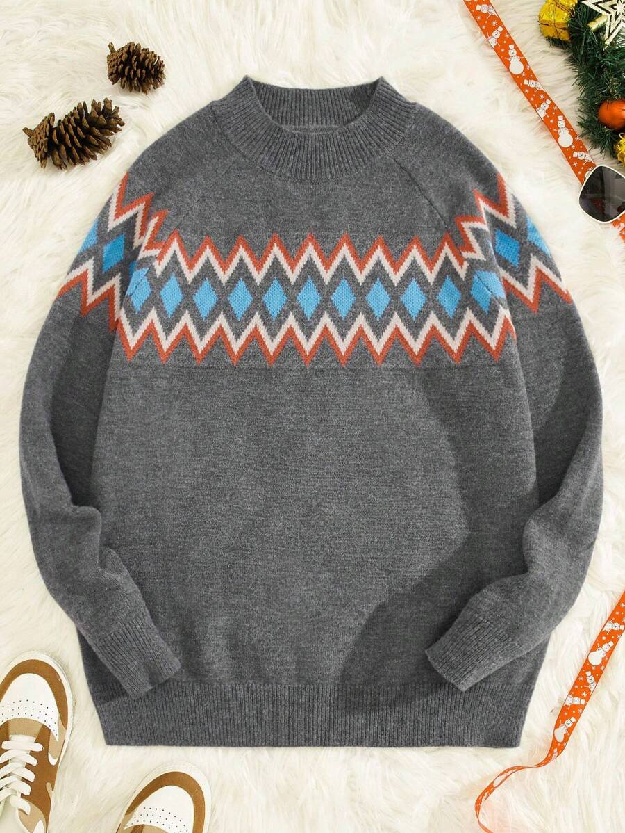 Manfinity VCAY 男士幾何圖案插肩袖套頭毛衣 - 灰色 - 查看 1