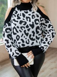 Calvaya Suéter de hombros descubiertos con estampado de leopardo, para suéter de punto de invierno y otoño - Multicolor - Ver 5